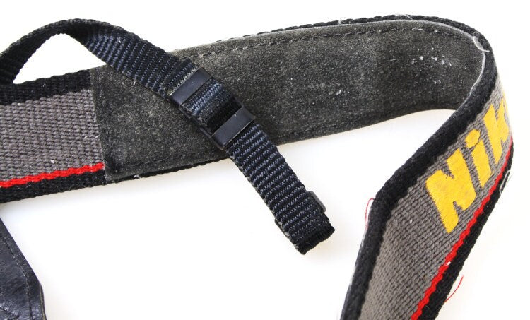 Vintage Wide Gray Nikon Camera Strap with Embroidered Yellow Logo