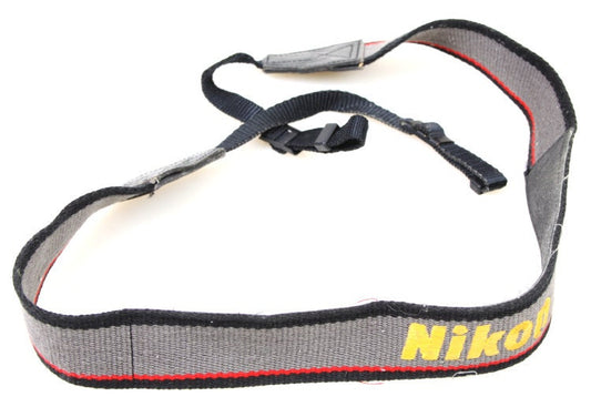 Vintage Wide Gray Nikon Camera Strap with Embroidered Yellow Logo