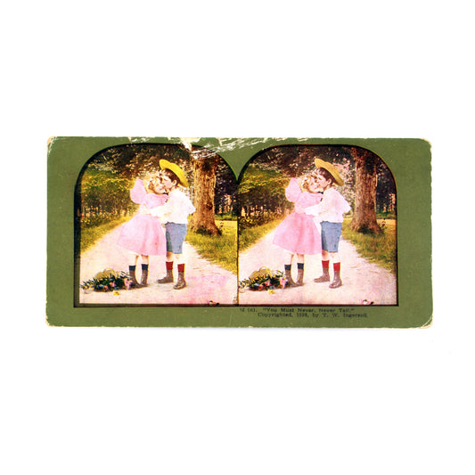 Vintage Stereograph Print of Young Boy Kissing Young Girl On The Cheek In Period Attire