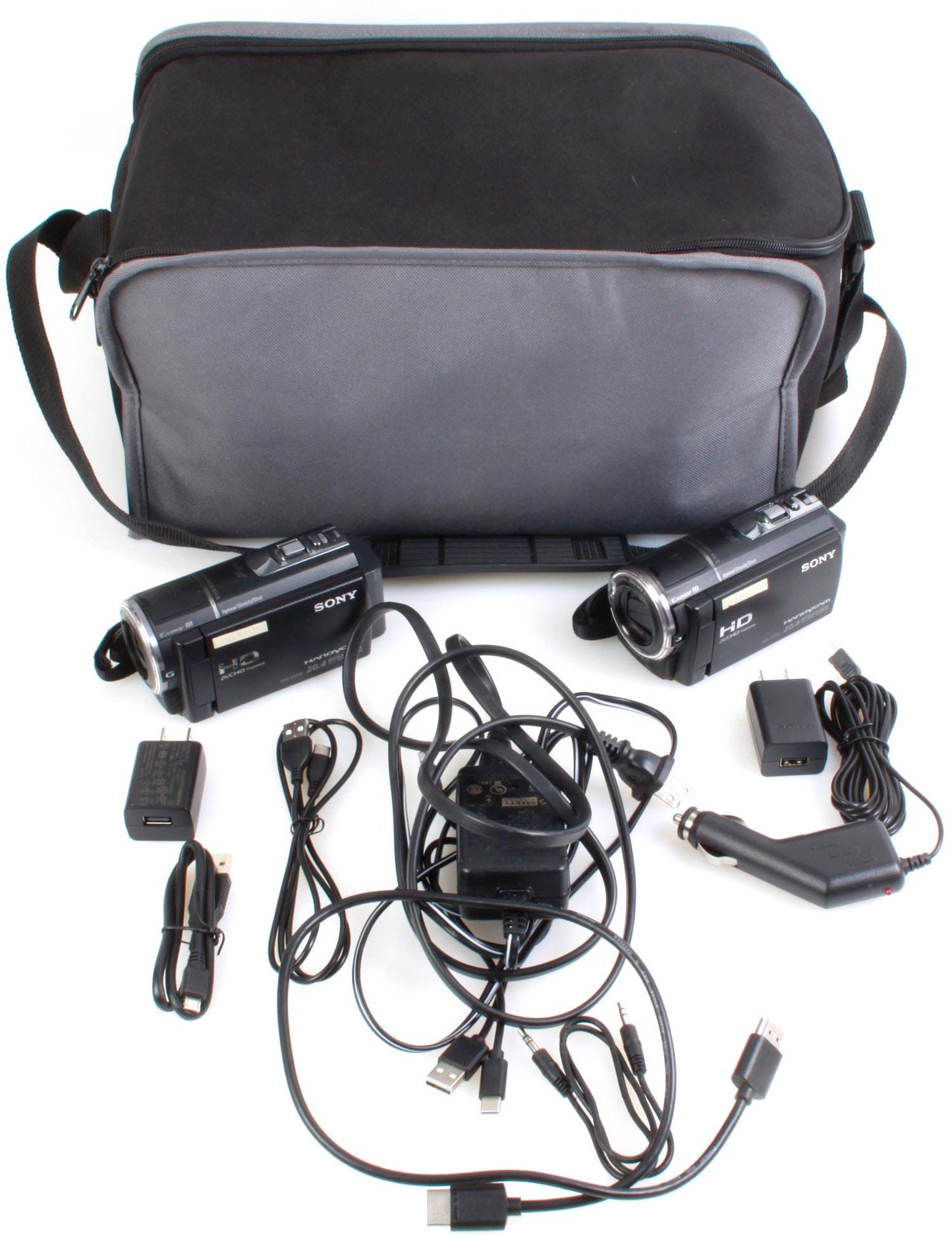 2 Sony High Def Handycams w/ Batteries, Cords, Chargers, Case