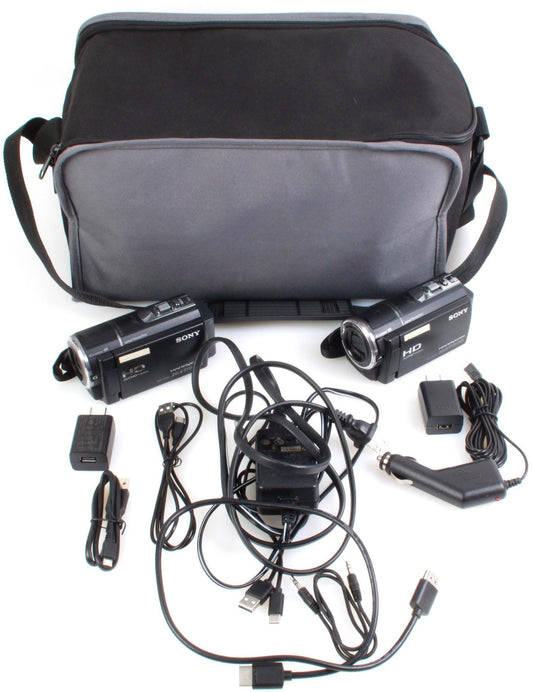 2 Sony High Def Handycams w/ Batteries, Cords, Chargers, Case