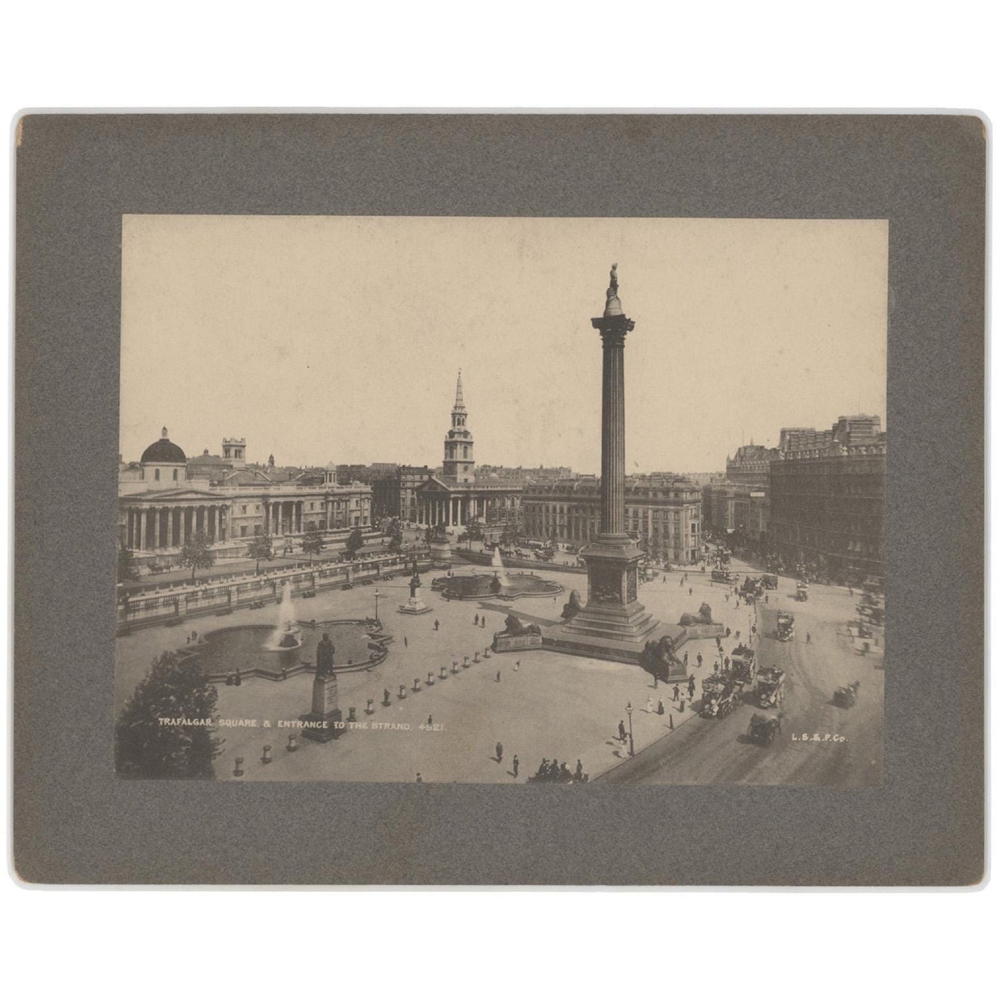 Antique 1887 Trafalgar Square Photograph - Nelson's Column & Strand Entrance, London Cityscape Mounted Albumen
