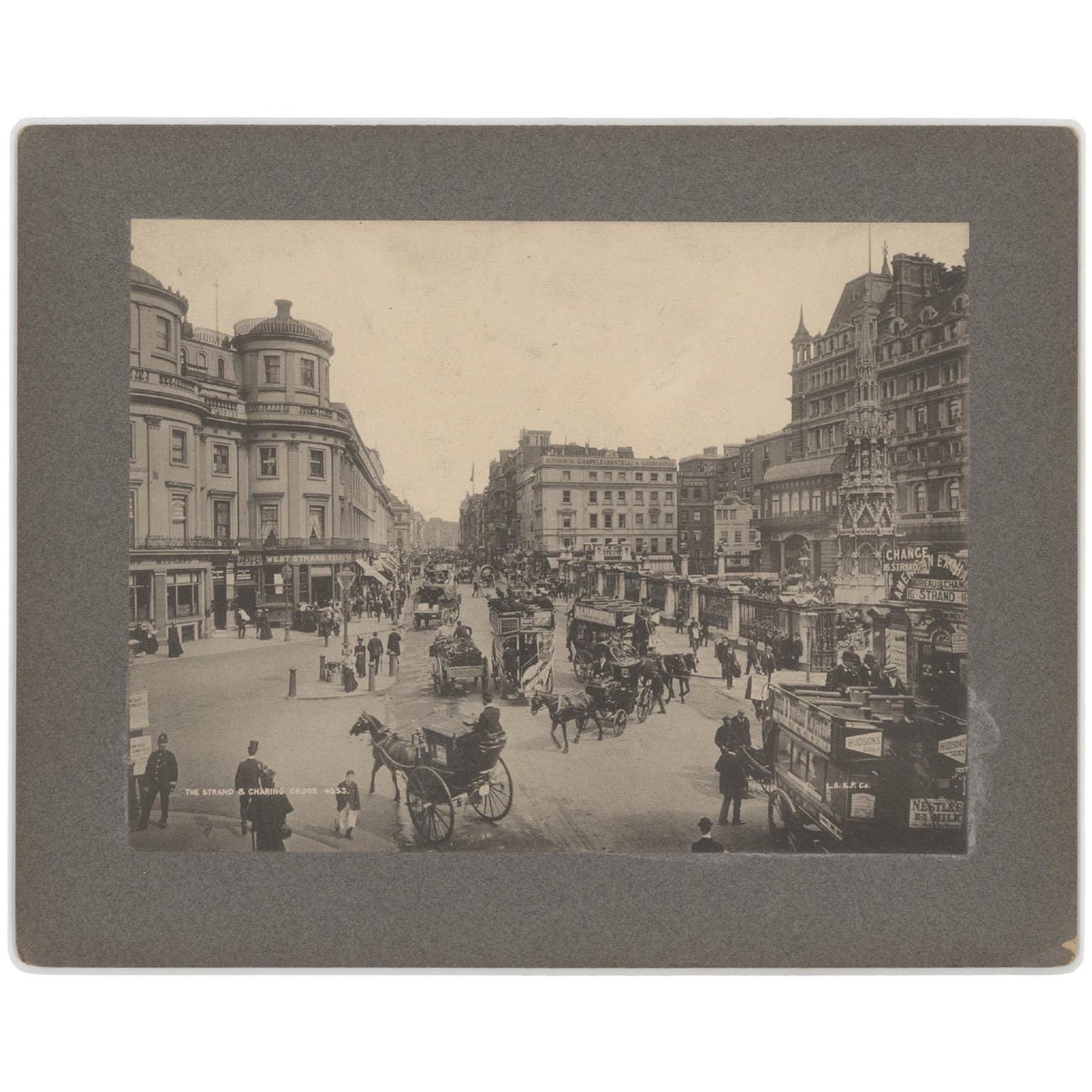 Antique 1887 London Street Scene Photo, Strand & Charing Cross, Horse-Drawn Carriages, Vintage Mounted Photograph