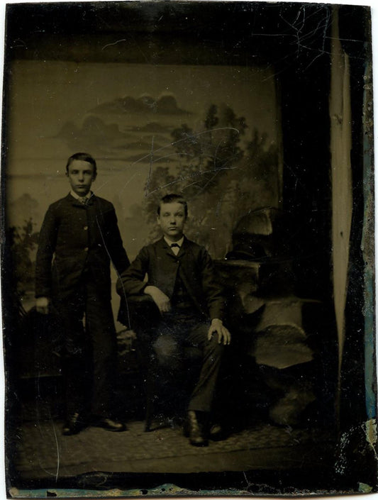 Vintage Tintype Two Young Boys with Painted Backdrop