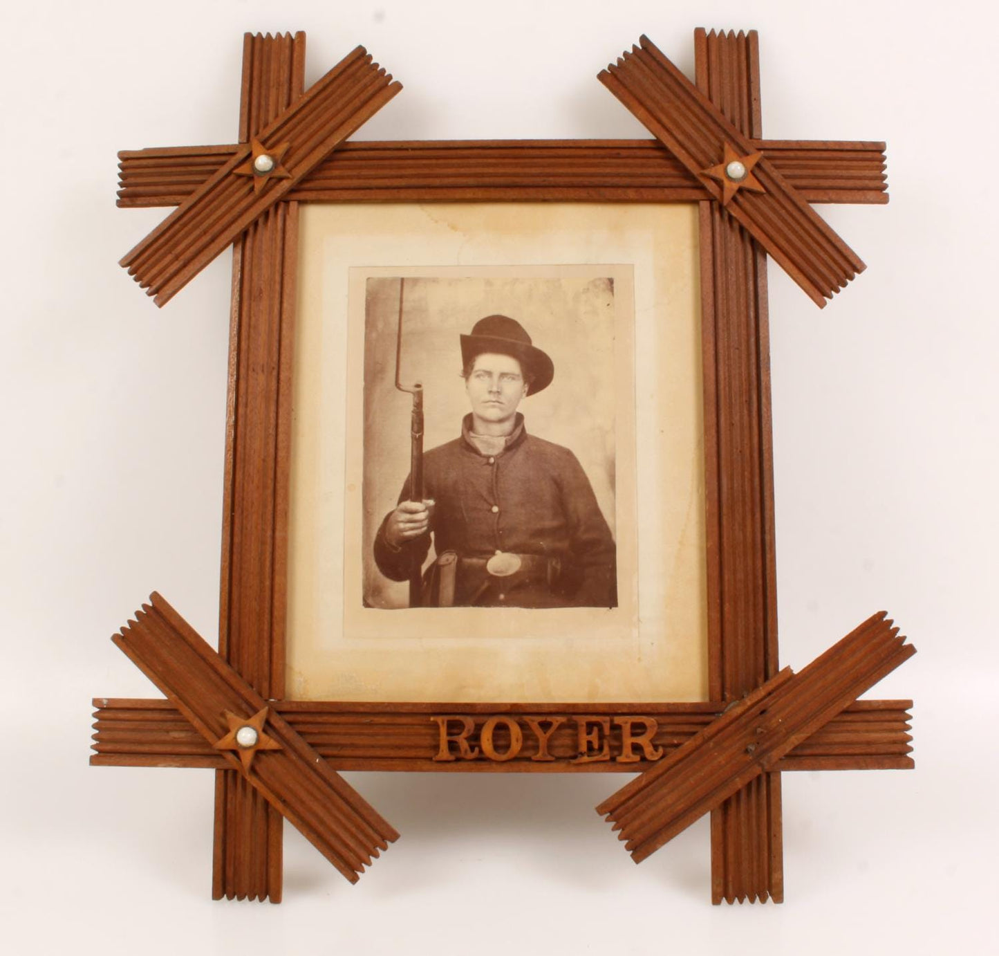 Vintage Civil War Soldier with Bayonet Albumen Print in Stylized Frame