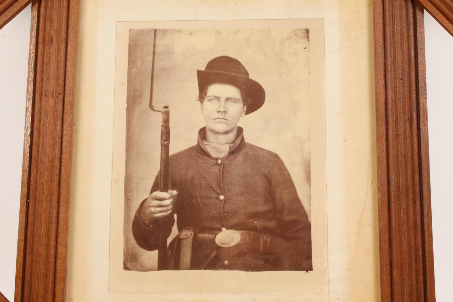Vintage Civil War Soldier with Bayonet Albumen Print in Stylized Frame