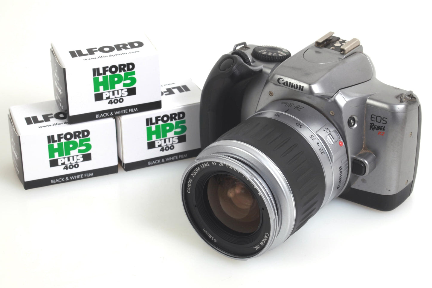 Canon K2 Student 35mm Film Camera w/ 3 Rolls B&W Film (Ilford HP5) + Zoom Lens