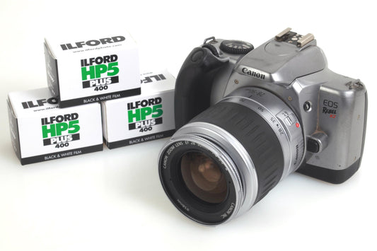 Canon K2 Student 35mm Film Camera w/ 3 Rolls B&W Film (Ilford HP5) + Zoom Lens