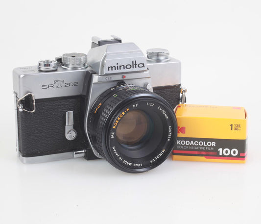 Minolta SRT202 35mm Film Camera w/ 50mm F1.7 Lens and Kodacolor 100 Film