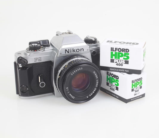 Nikon FG Student Film Camera Bundle w/50mm Lens, 2 Rolls of Ilford HP5 35mm Film