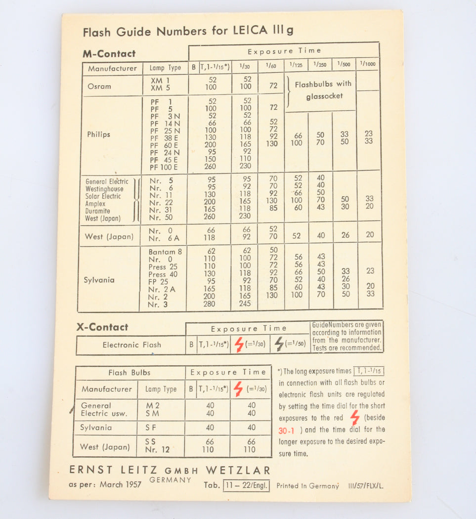 LEICA FLASH GUIDE NUMBERS FOR IIIG - ENGLISH 1958 , VINTAGE ORIGINAL