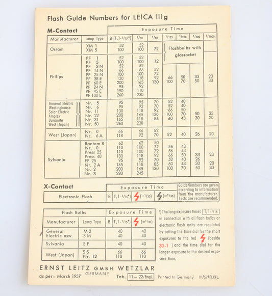 LEICA FLASH GUIDE NUMBERS FOR IIIG - ENGLISH 1958 , VINTAGE ORIGINAL