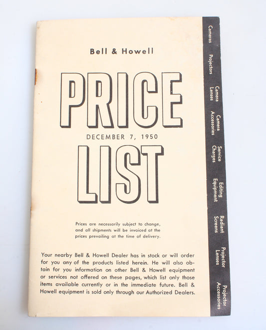 BELL & HOWELL, DEC. 7 1950 PRICE LIST ORIGINAL VINTAGE