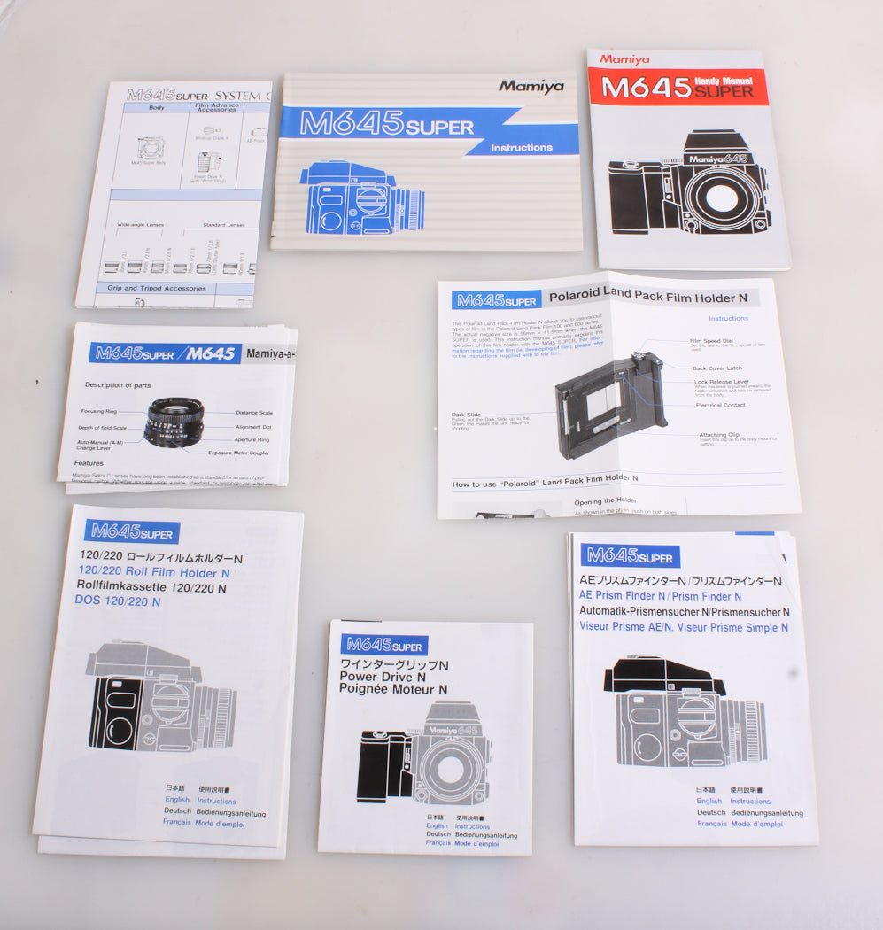 MAMIYA M645 SUPER, POWER DRIVEN N, AE PRISM & 120 BACK & MORE, MANUALS, SET OF 8