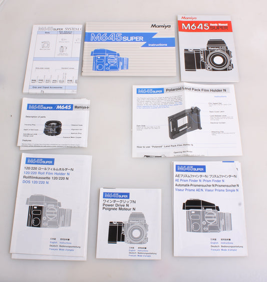 MAMIYA M645 SUPER, POWER DRIVEN N, AE PRISM & 120 BACK & MORE, MANUALS, SET OF 8