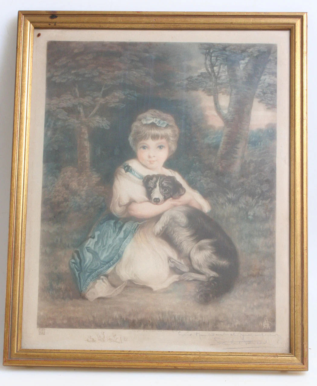 ETCHING OF LITTLE GIRL WITH DOG. WOODLAND SCENE. PLATE MARK. FRAMED.
