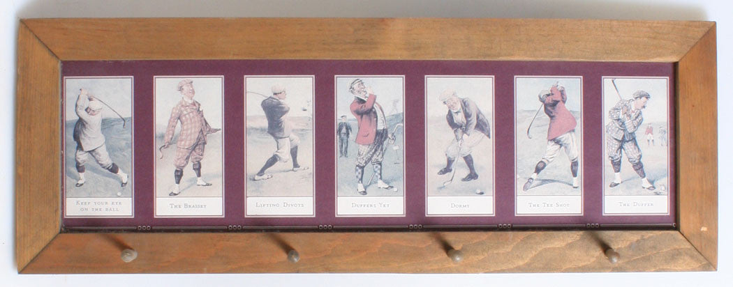 GOLF THEMED COAT RACK. 7 X 24 INCHES.