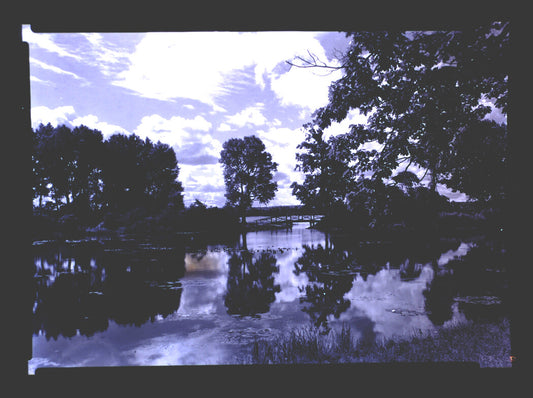 CHARMING FOOT BRIDGE OVER WATER SCENE. 5 X 7 INCH NEGATIVE.