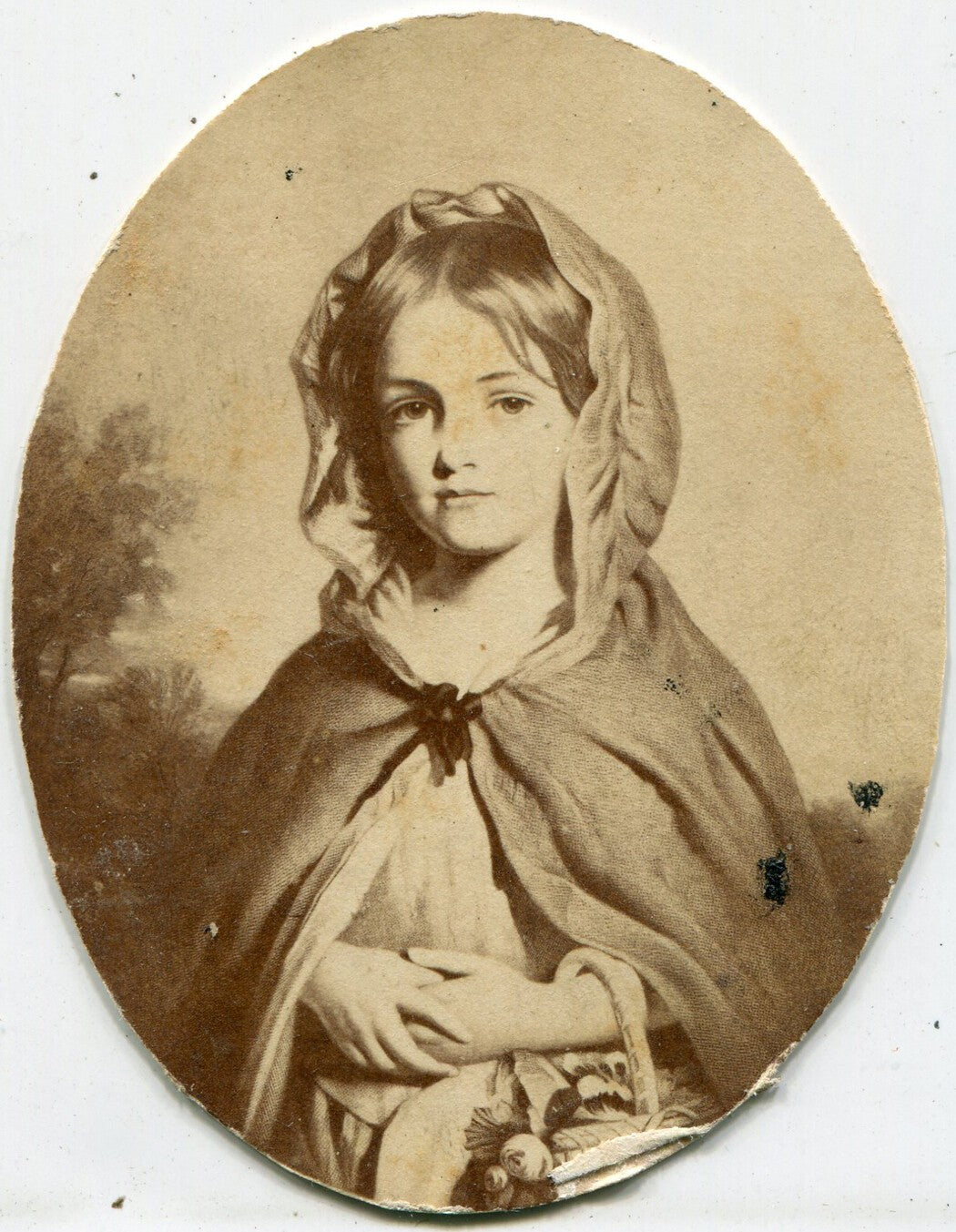 Vintage albumen photo Little Red Riding Hood, trimmed oval, 2.75x2 in, original