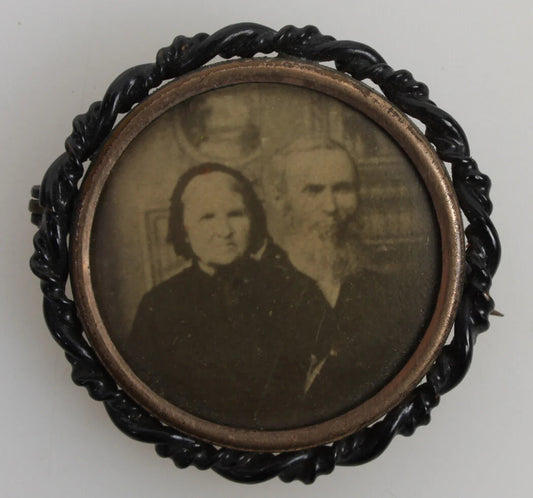 Vintage Photo Jewelry Pin - Albumen Portrait of Older Couple, Circa 1860s, 1