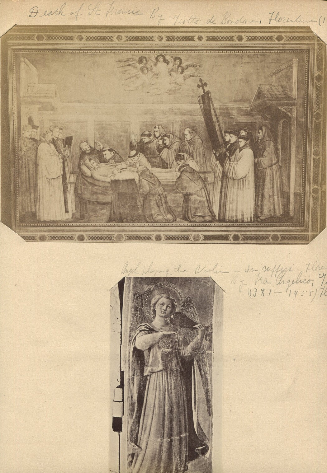 Vintage albumen photographs Death of St Francis & Angel Playing Violin on
