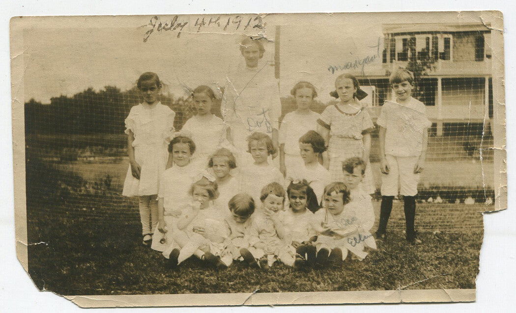 GROUP PHOTO, CHILDREN AND TEACHER. WESTFIELD, N.Y. JULY 4TH 1911.SILVER PRINT