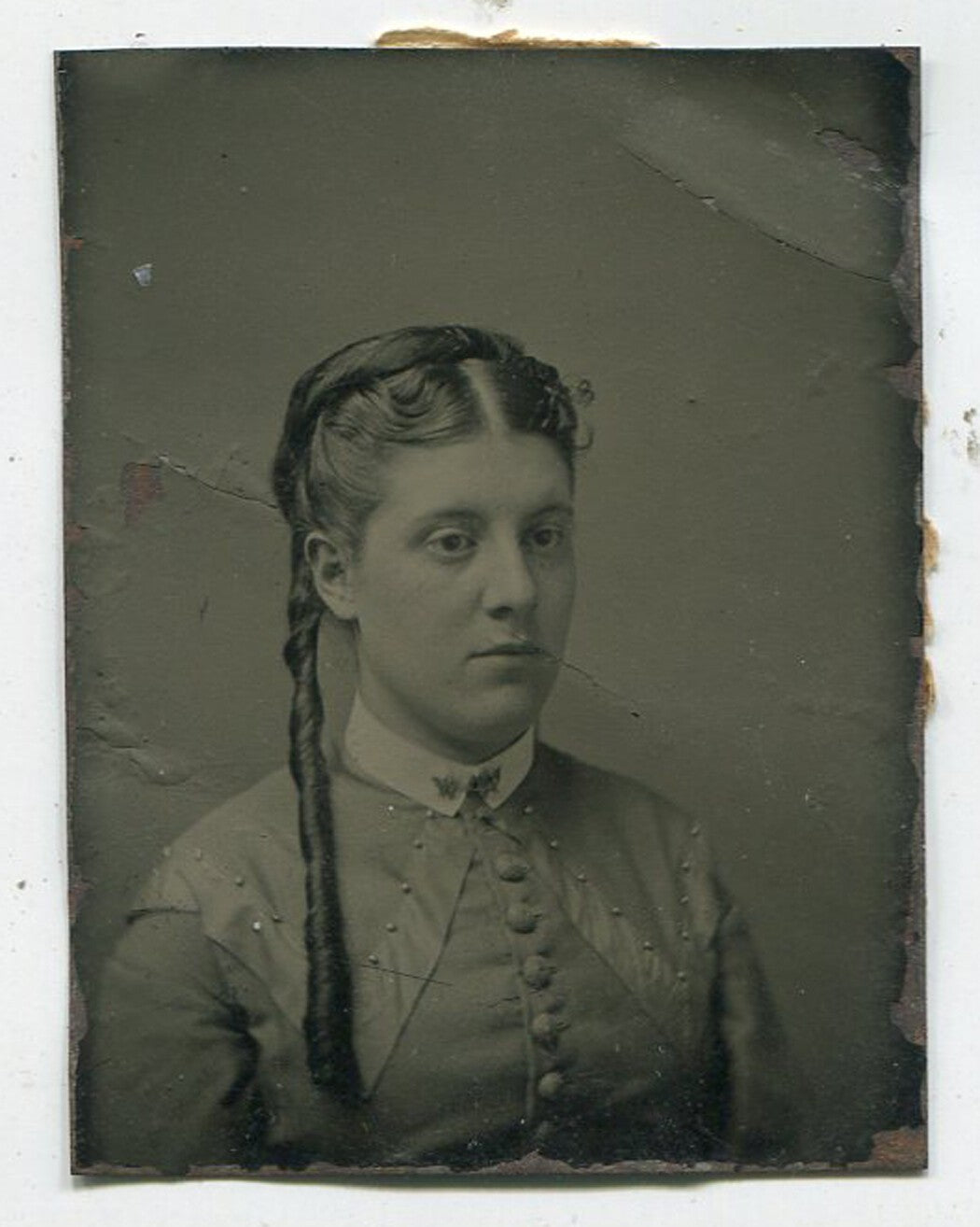 Vintage Tintype Portrait: Girl with One Long Ringlet, Tiny 2x1.5in 19th-Century