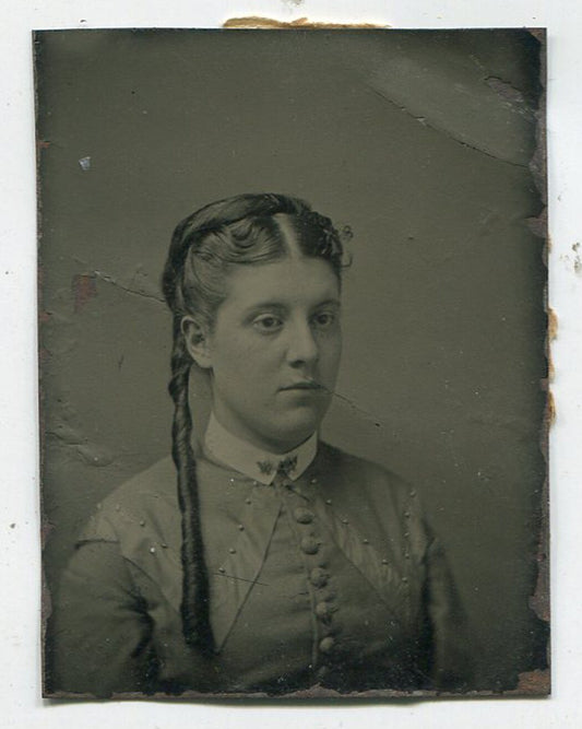 Vintage Tintype Portrait: Girl with One Long Ringlet, Tiny 2x1.5in 19th-Century