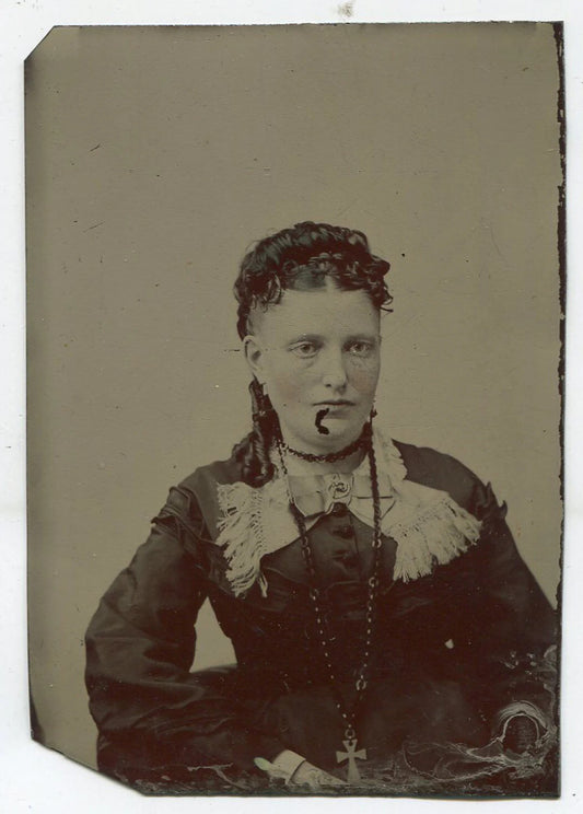 Vintage Tintype Portrait: Beady-Eyed Woman with Stiff Curls, Tinted, 3.5x2.5 in,