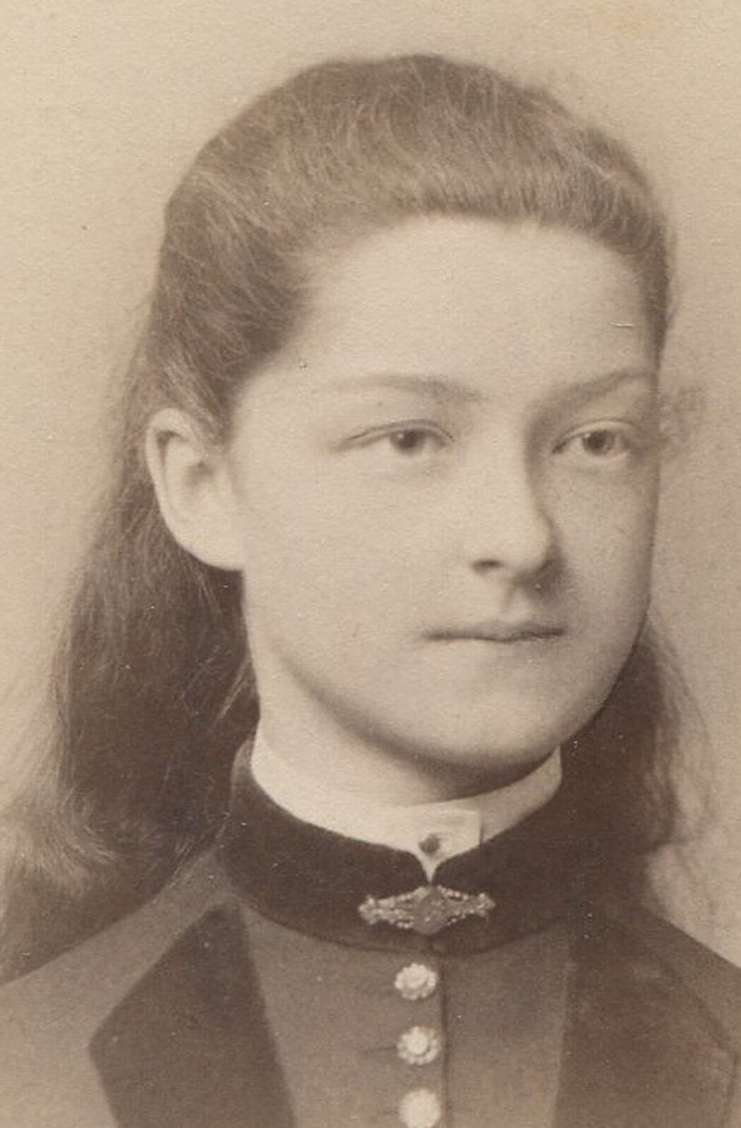 Vintage cabinet card: Girl in velvet-trimmed dress portrait - early photography,