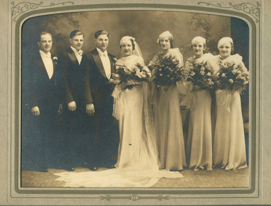 Vintage 8x10 Silver Print Wedding Party Photo, 1920s140s, Original Folder, Black