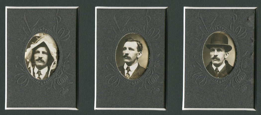 MAN IN BONNET, BOWLER HAT, BAREHEADED. 3 SILVER PRINT PHOTOS IN MAT.CIRCA 1890