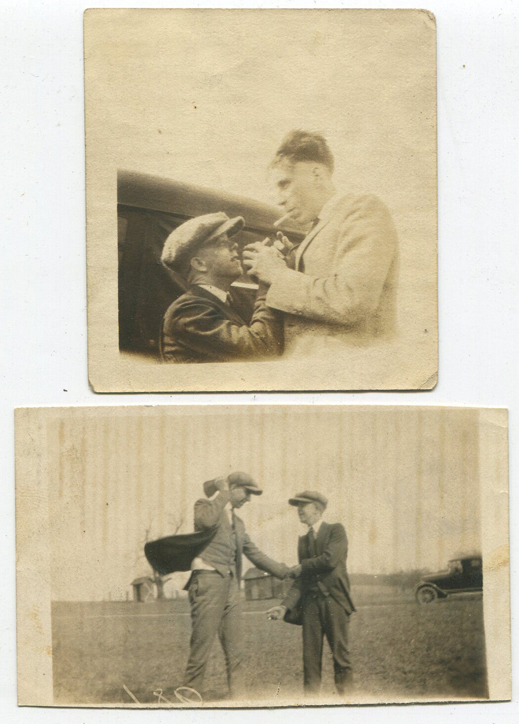 MEN HAVING A CIGARETTE, NEWSBOY HAT. CIRCA 1920. TWO SET.
