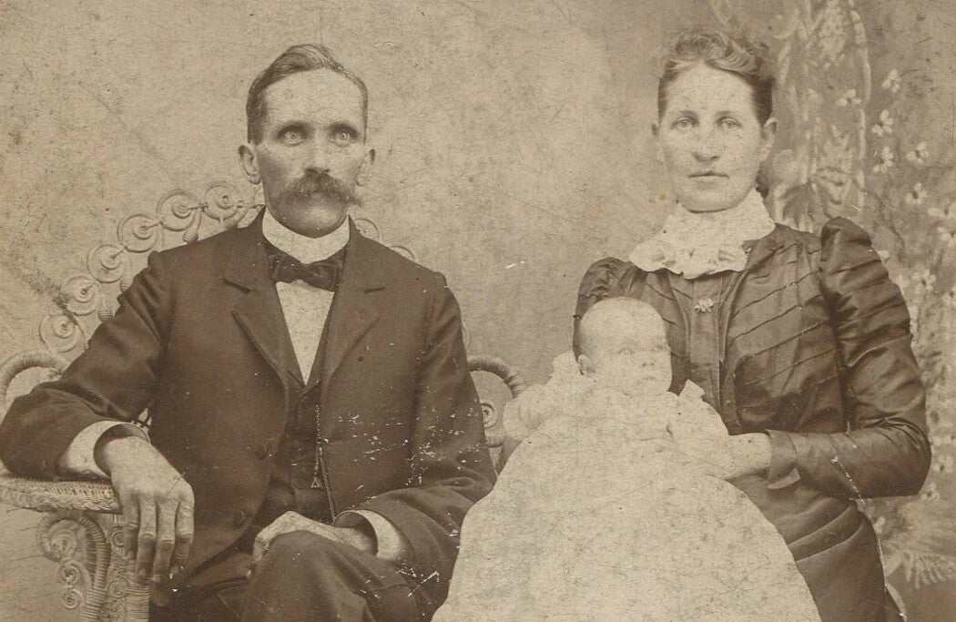 Vintage cabinet card photo: man with great mustache, family portrait,