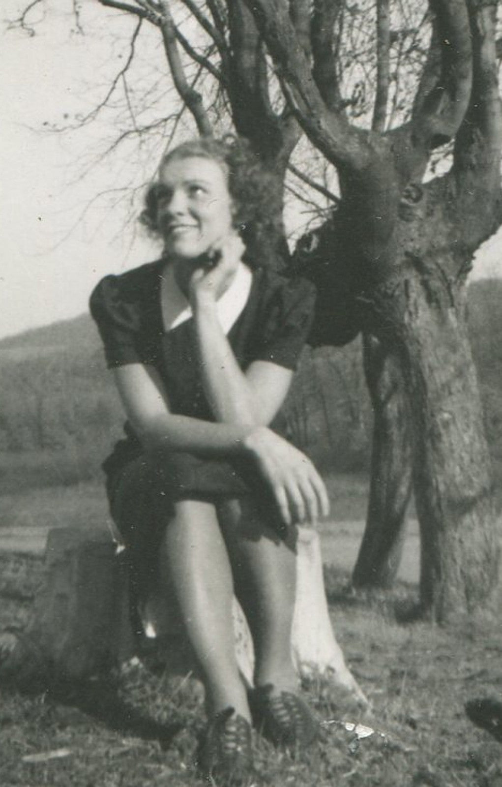 Vintage 1950s Silver Gelatin Photo - Woman Seated at Bare Tree, 5x3.25 in Black