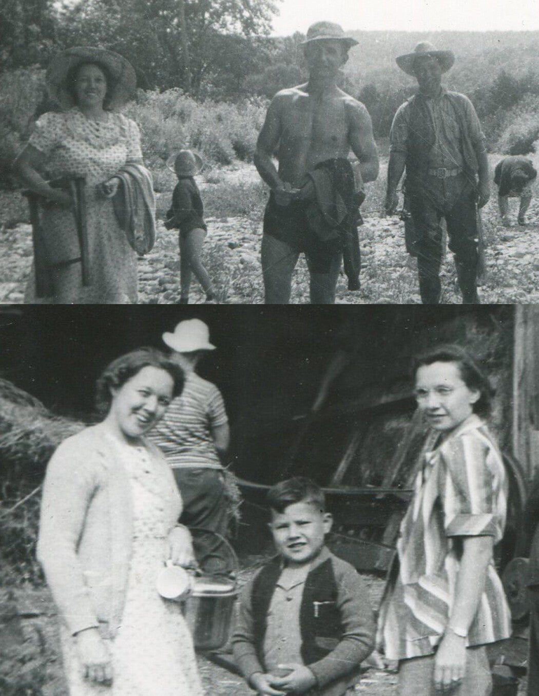 Vintage 1950s Two-Photo B&W Set: Cult Members Out on a Walk, Entering the Barn