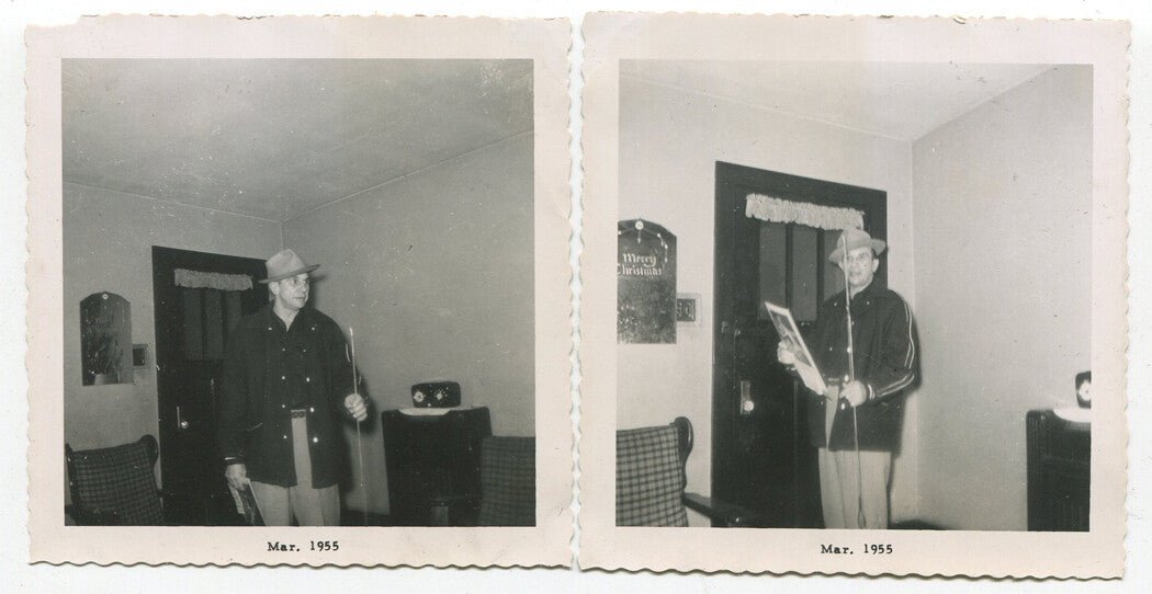 MAN POSED IN HAT HOLDING FISHING POLE. 1955 B W PHOTO.