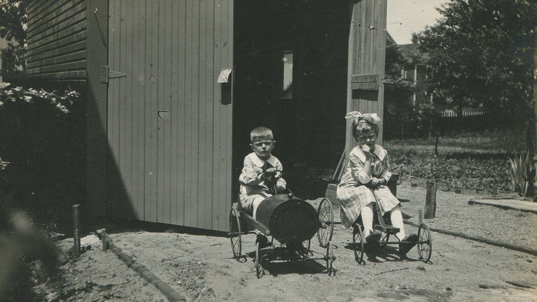 CHILDREN ON HOME MADE TOY PEDDLE CARS AND OTHER PHOTOS. 7 SET B W. 1930s.