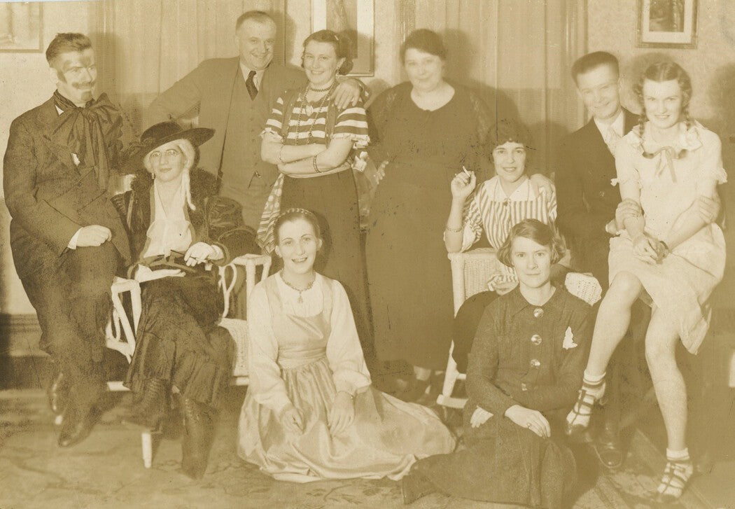 Vintage 1940s Halloween Costume Party Group Photo, Toned Silver Print, 6x9.5