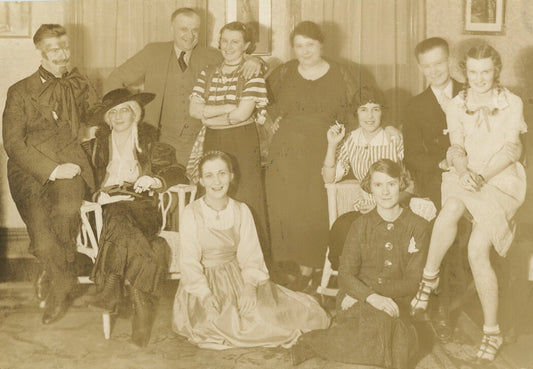 Vintage 1940s Halloween Costume Party Group Photo, Toned Silver Print, 6x9.5
