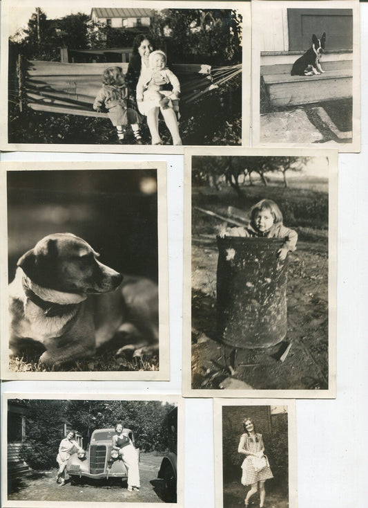Vintage 1930s-40s black-and-white family photo set: six images of kids, dog and
