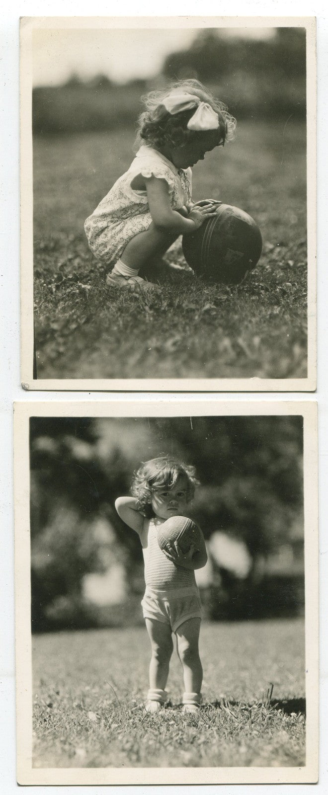 Vintage B&W Toddler Girl Playing with Ball Photo Pair 1950s–60s, 5x4 in, 2-Set,