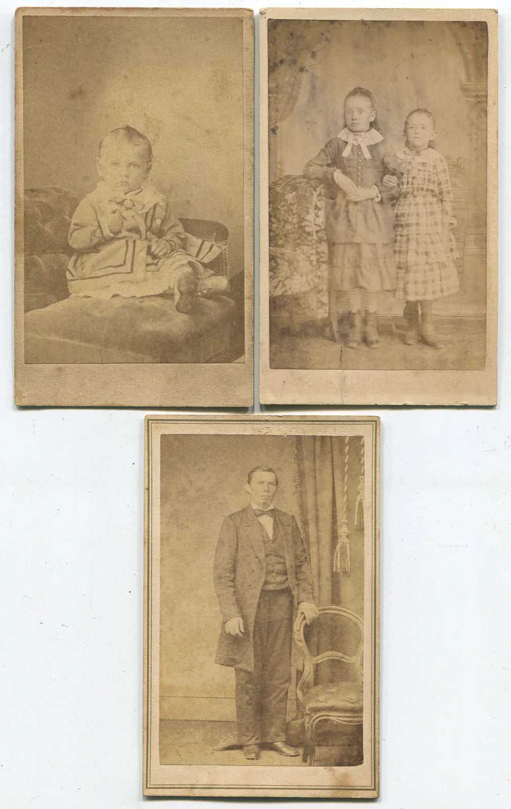 BABY, YOUNG SIBLINGS, MAN. CDV THREE SET. NAPERVILLE, ILL.