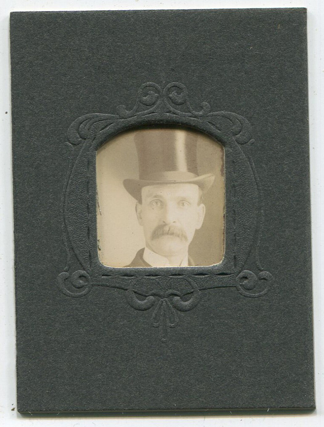 Vintage 1890s albumen photo: mustached man in top hat on period paper mat, 1x1