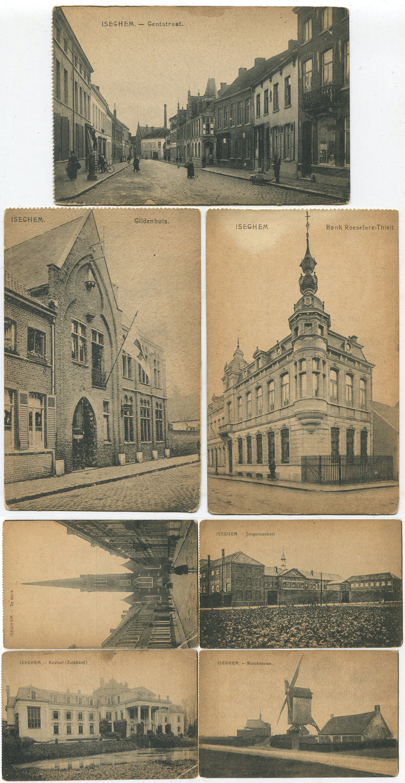 ISEGHEM, BELGIUM. ARCHITECTURAL, STREET SCENES. LITHO POST CARDS,7 SET. VINTAGE