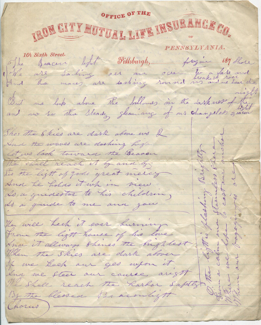 IRON CITY MUTUAL LIFE, TWO PAGE SONG/POEM ON LETTERHEAD. 187?.
