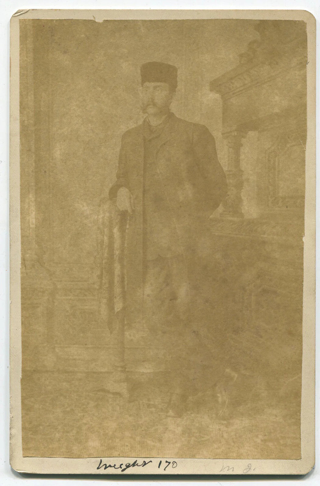 Vintage Cabinet Card Portrait - Man with Mustache in Cossack Hat, Collectible