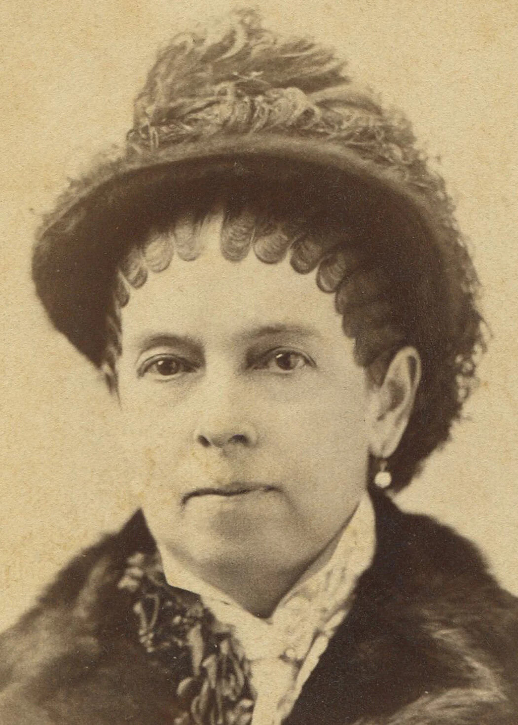 Vintage Cabinet Card Photo: Woman with Severe Pin Curls & Feather Hat, Newark,