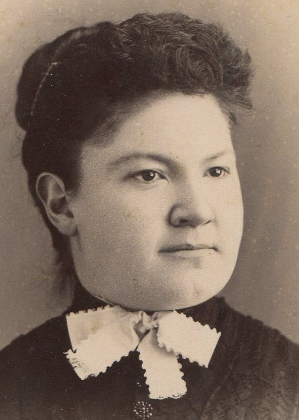 Vintage Cabinet Card: Round-Faced Woman with White Bow Tie, Cornish Portrait,