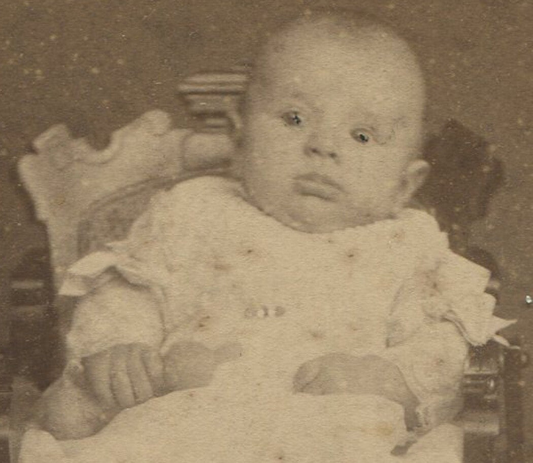 Vintage cabinet card photo: Cute authoritarian baby portrait, quirky world
